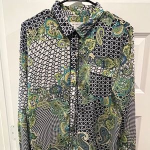 Liz Claiborne Blue Multi Paisley Button Down Long Sleeve Career Casual Top XL